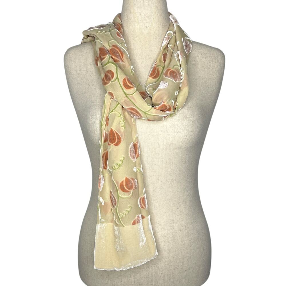 Camilla Ridley Women's Scarf Velvet Mesh Beige Art Nouveau Floral Silk ENGLAND - Picture 2 of 7
